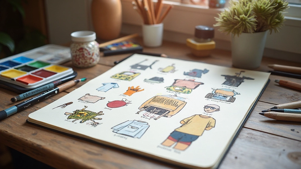 Close-up van kleurpalet met illustratiepennen en sketchboek met ontwerptekeningen