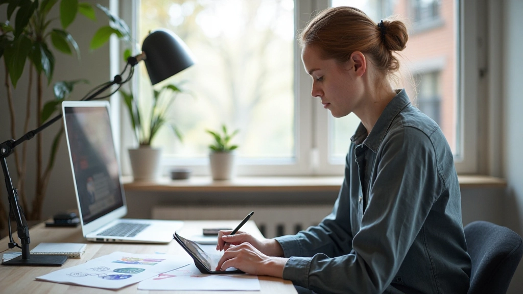 Designer die pictogrammen ontwerpt op grafisch tablet in moderne studio met warm licht