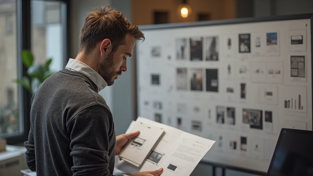 Ontwerper vergelijkt verschillende illustratiestijlen op moodboard met kleurstalen en typografie