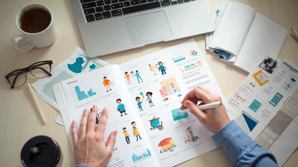 Illustratie stijlgids met consistente karakters en visuele elementen in verschillende situaties