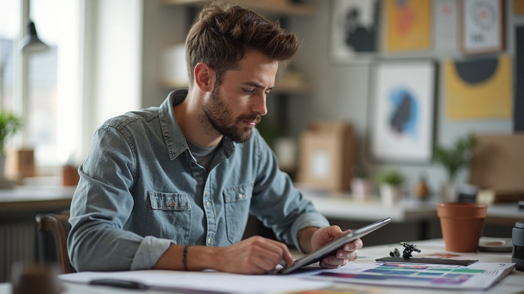 Designer selecteert kleur en stijl voor illustraties op grafisch tablet in moderne werkruimte