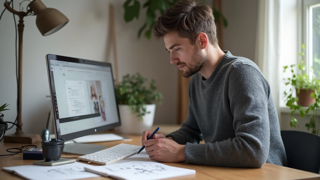 Designer aan werkplek die icoonbibliotheek bestudeert op papier met aantekeningen en vergelijkingsnotes