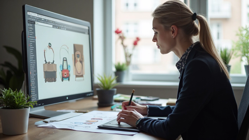 Designer aan het werk met digitale illustratiegereedschappen op grafisch tablet in moderne studio