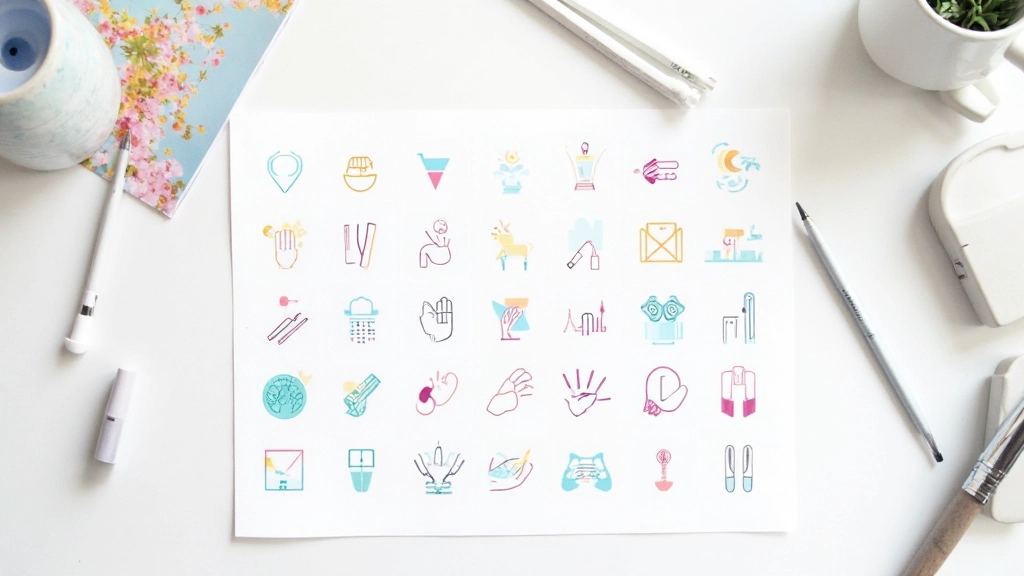 Verzameling van verschillende icoonontwerpen in various stijlen en kleuren op neutrale achtergrond