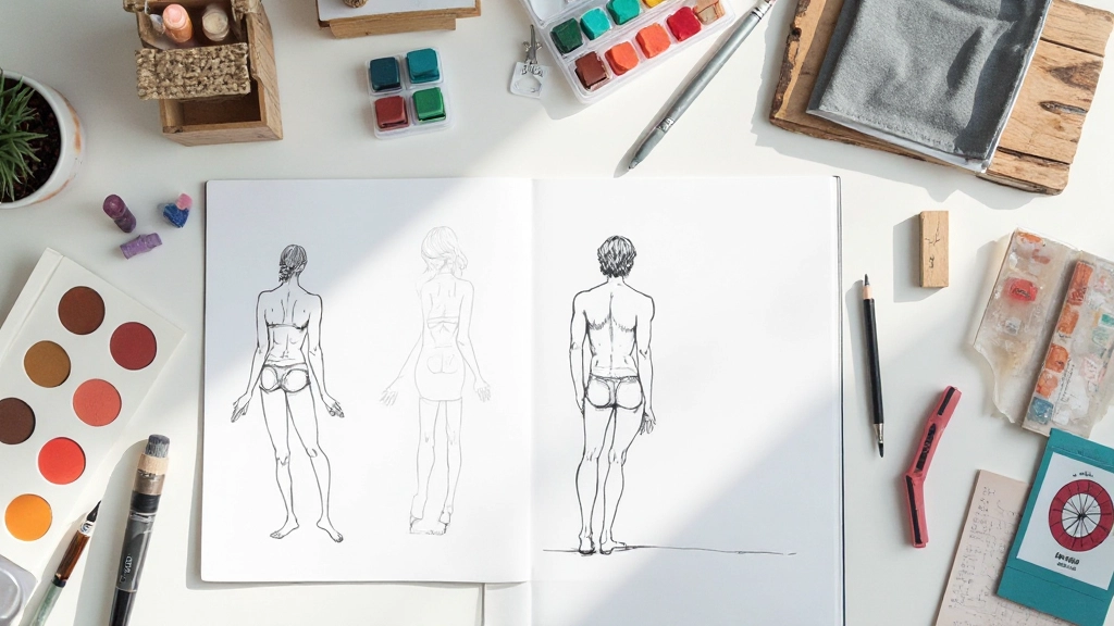 Close-up van ontwerptafel met kleurenpaletten, schetsboeken en illustratiegereedschappen