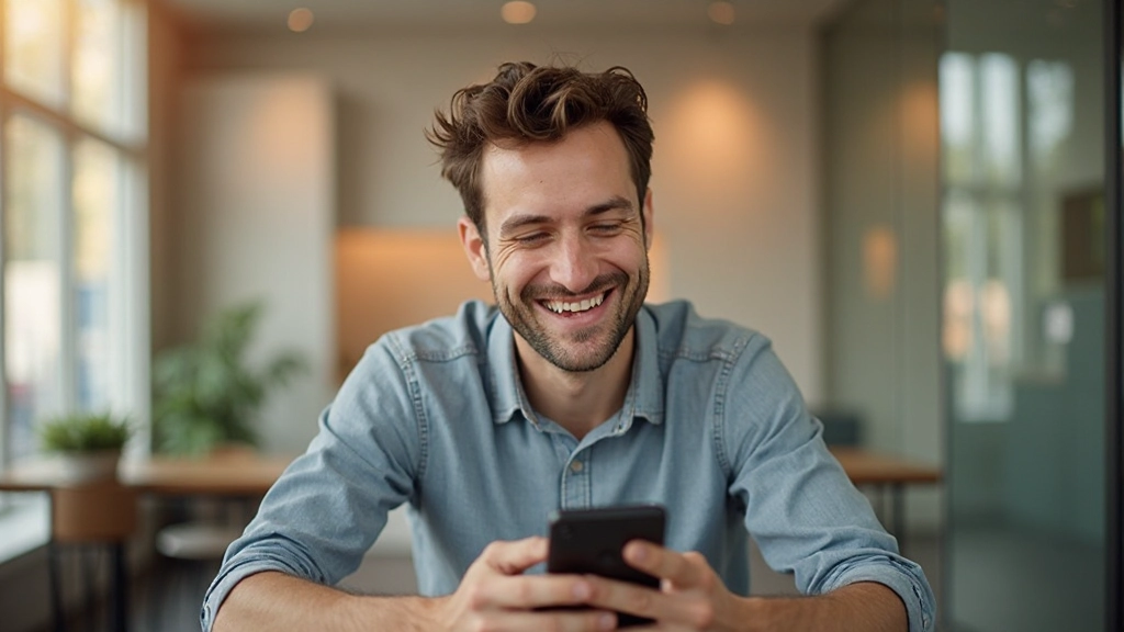 Gelukkige gebruiker interacteert met vriendelijke geïllustreerde interface op mobiele telefoon